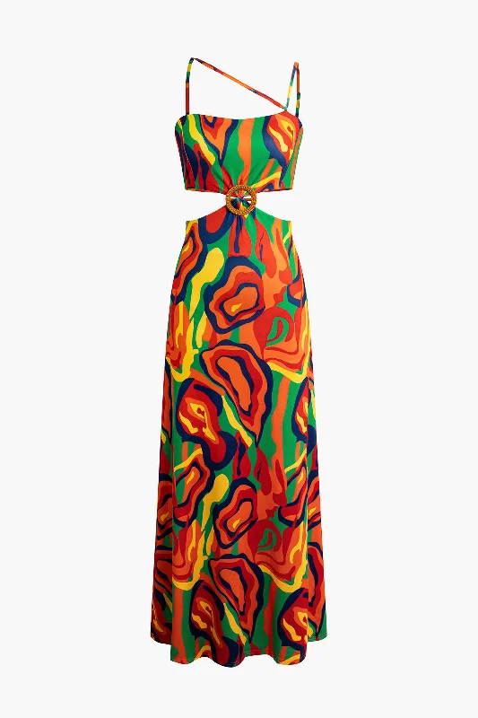 Abstract Print Ring Detail Cut Out Maxi Dress Fashionable Chiffon Tiered Maxi Dress