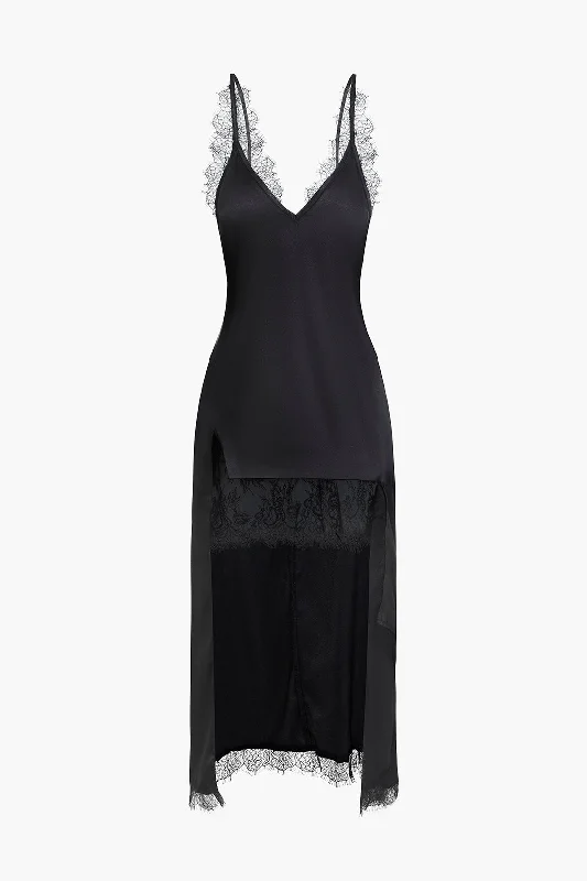 Solid Asymmetrical Lace V-Neck Maxi Dress Comfortable Maxi Dress with Sleeves
