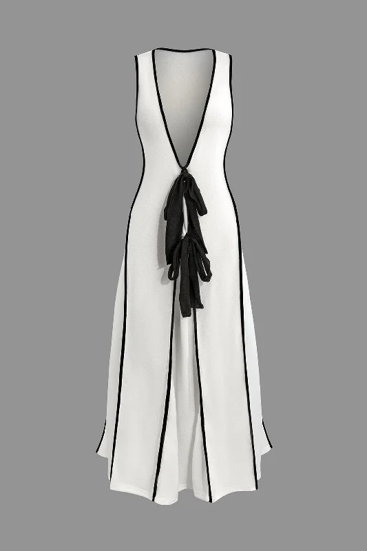 Contrast Binding Color Block V-Neck Maxi Dress Elegant Velvet Maxi Dress