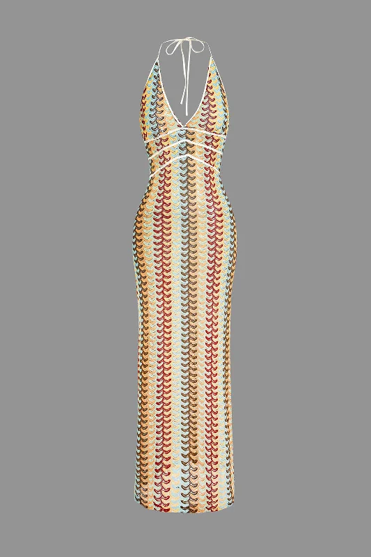 Striped Crochet Halter V-neck Backless Slip Maxi Dress Trendy Satin Maxi Dress