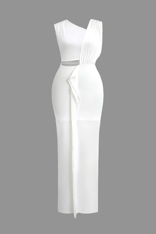 Solid Cut Out Asymmetrical Maxi Dress Stylish Pleated A-Line Maxi Dress