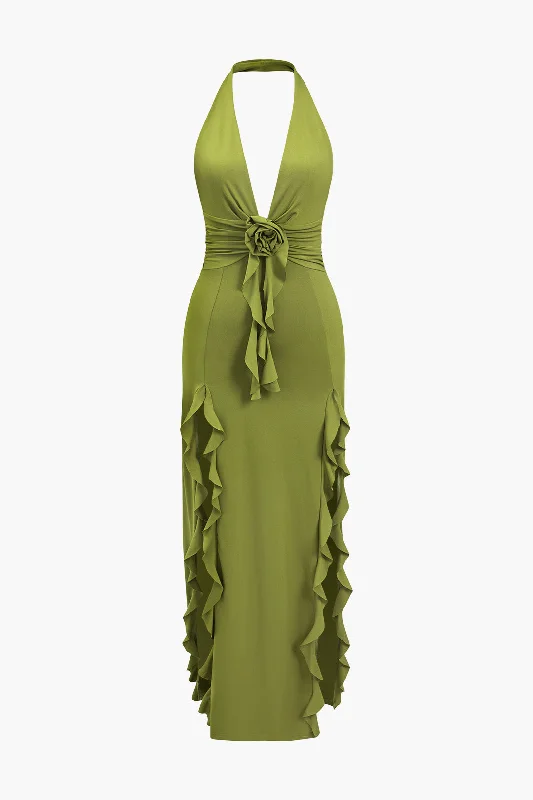 Solid 3D Flower Ruffel Backless Maxi Dress Comfortable Plunging Neckline Maxi Dress