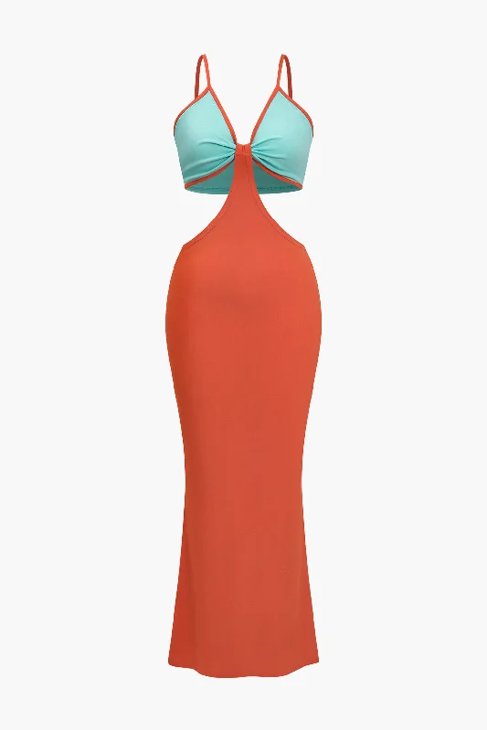 Contrast Color Block Cut Out Maxi Dress Stylish One-Shoulder Maxi Dress
