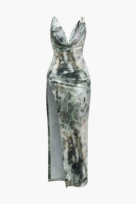 Tie Dye Print Slit Backless Draped Cowl Neck Maxi Dress Cozy Maxi Dress with Slit
