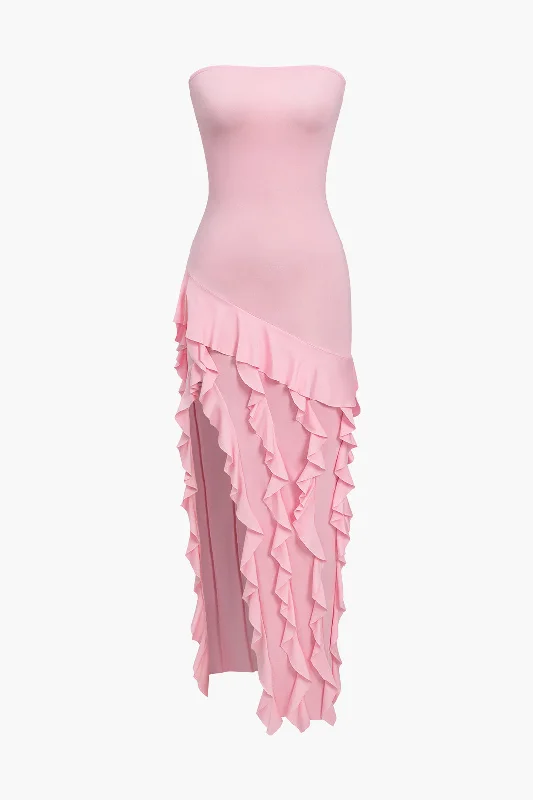 Solid Strapless Slit Ruffle Maxi Dress Fashionable Off-Shoulder Maxi Dress