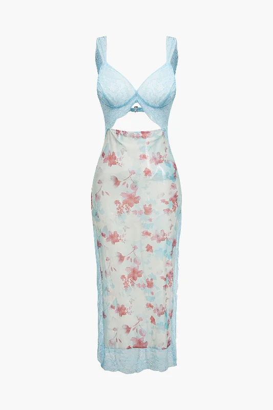 Floral Print Lace Slit Maxi Dress Casual Maxi Dress with Pockets