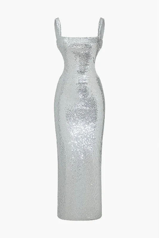 Solid Sequin Backless Slit Maxi Dress Elegant Lace Maxi Dress