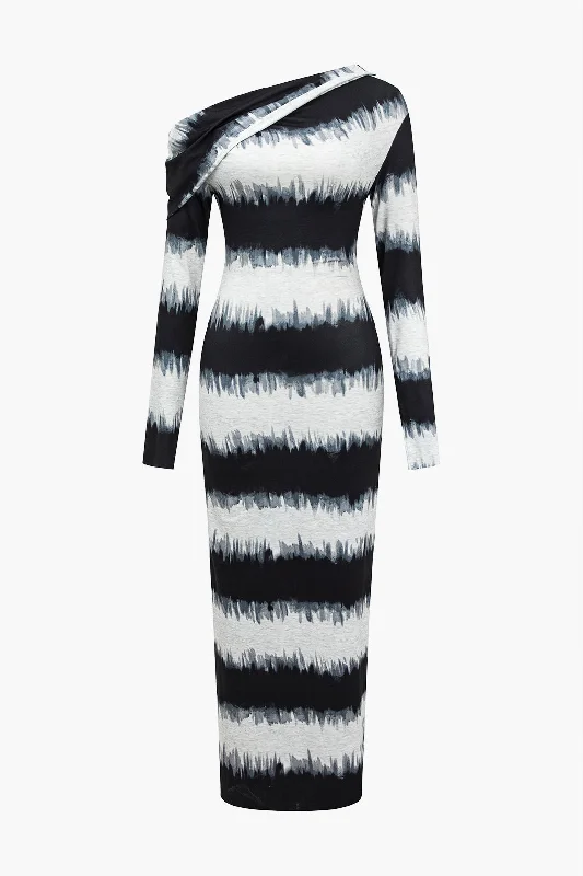 Stripes Print Asymmetrical Shoulder Maxi Dress Comfortable Pleated Maxi Dress