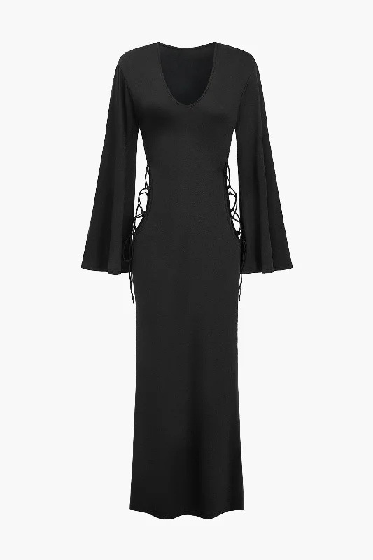Cut Out Lace Up Long Sleeve Maxi Dress Fashionable Button-Down Maxi Dress