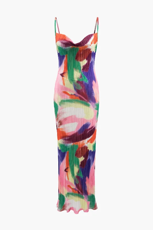 Abstract Cowl Neck Plisse Maxi Dress Comfortable Long-Sleeve Maxi Dress