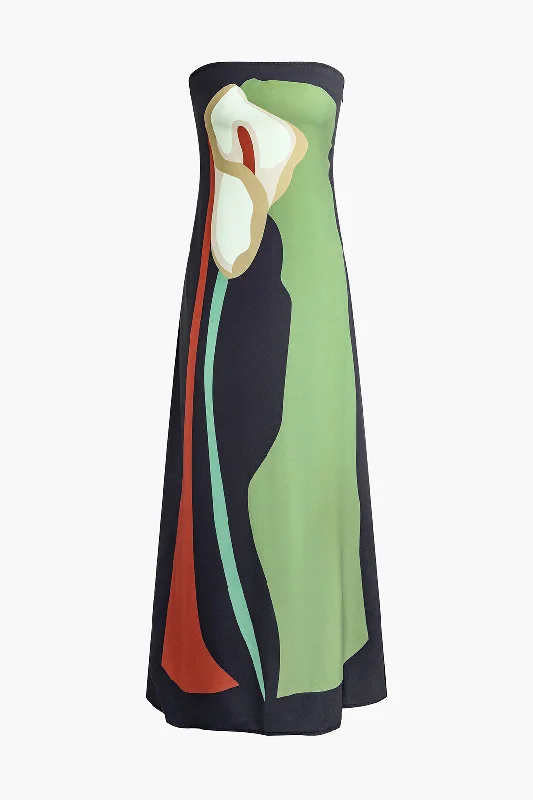 Color Block Strapless Slit Maxi Dress Trendy Maxi Dress with Belt