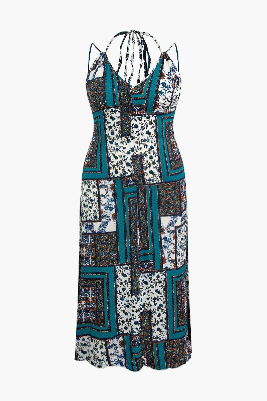 Plus Size Bohemian Print Halter Maxi Dress Fashionable Open-Back Maxi Dress