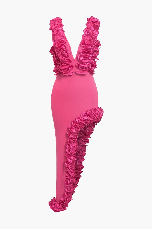 3D Floral Asymmetrical Deep V-Neck Maxi Dress Cozy Spaghetti Strap Maxi Dress