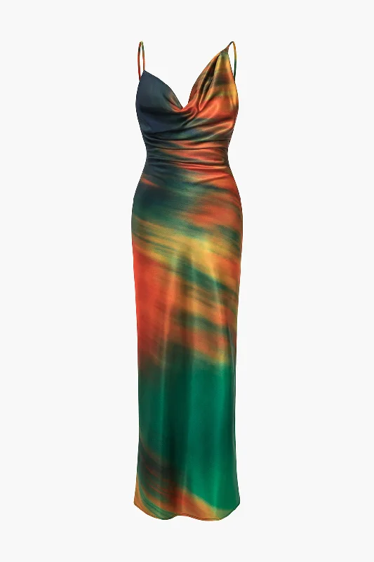 Ombre Print Cowl Neck Asymmetrical Slip Maxi Dress Fashionable Layered Maxi Dress