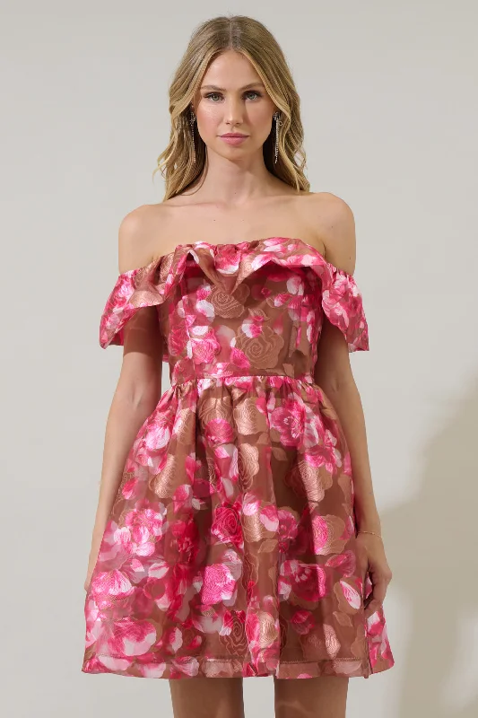 Mersin Floral Off the Shoulder Mini Dress Casual Mini Dress with Pockets