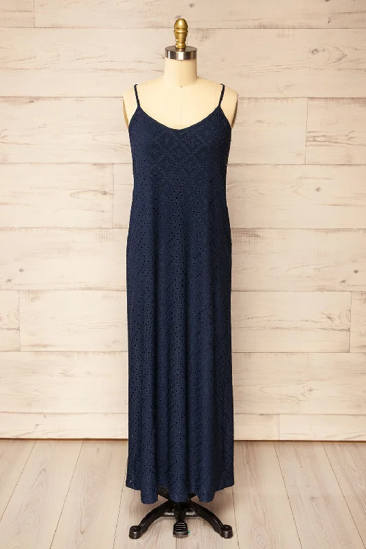 Miraflores Navy | Straight Cut Maxi Dress w/ Openwork Chic Summer Floral Maxi Dress