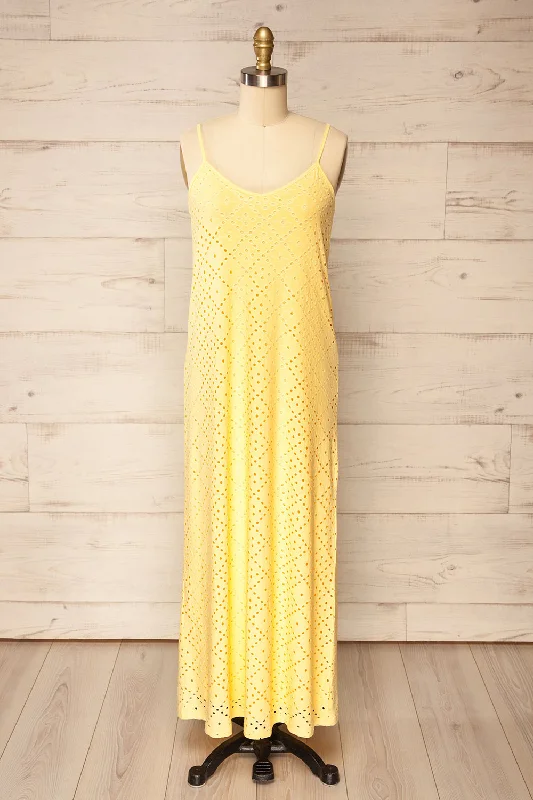 Miraflores Yellow | Straight Cut Maxi Dress w/ Openwork Fashionable Layered Maxi Dress