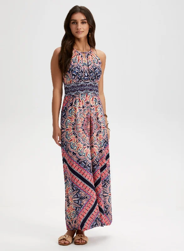 Mixed Print Maxi Dress Elegant Lace-Up Maxi Dress