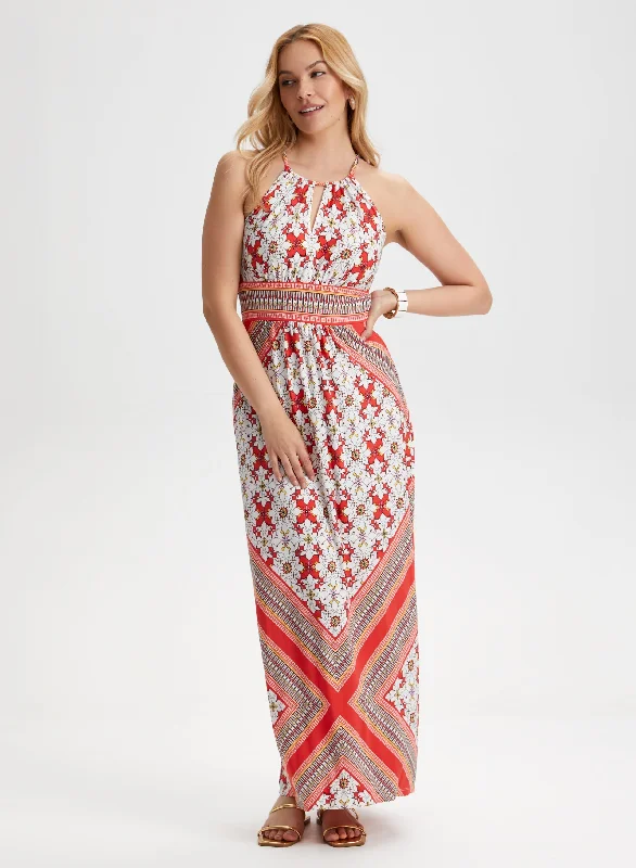 Mixed Print Maxi Dress Trendy Maxi Dress with Bow