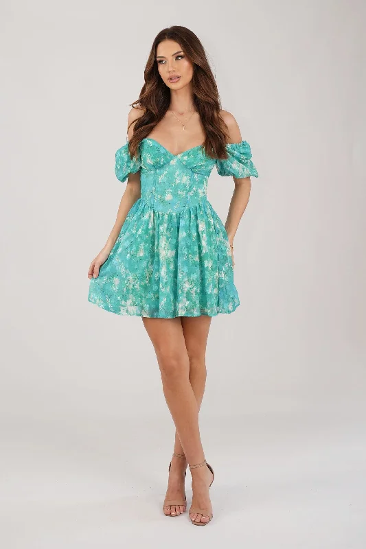 Miyah Puff Sleeve Mini Dress - Green Floral Cozy Ruched Mini Dress