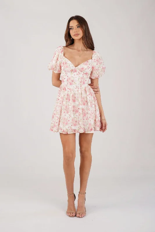 Miyah Puff Sleeve Mini Dress - Pink Floral Stylish Summer Mini Dress