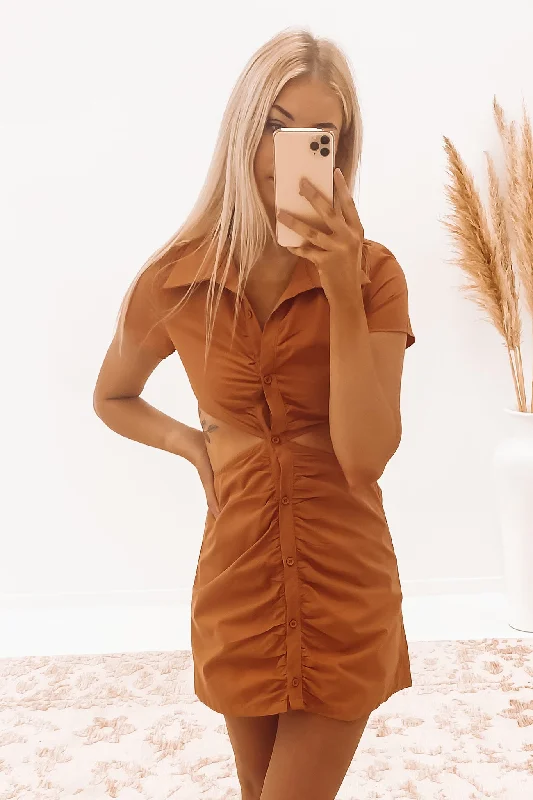 Monique Mini Dress Tan Stylish Sweetheart Neck Mini Dress