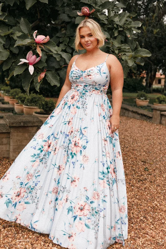 Naira Pleated Maxi Dress - Blue Floral Stylish Off-Shoulder Maxi Dress