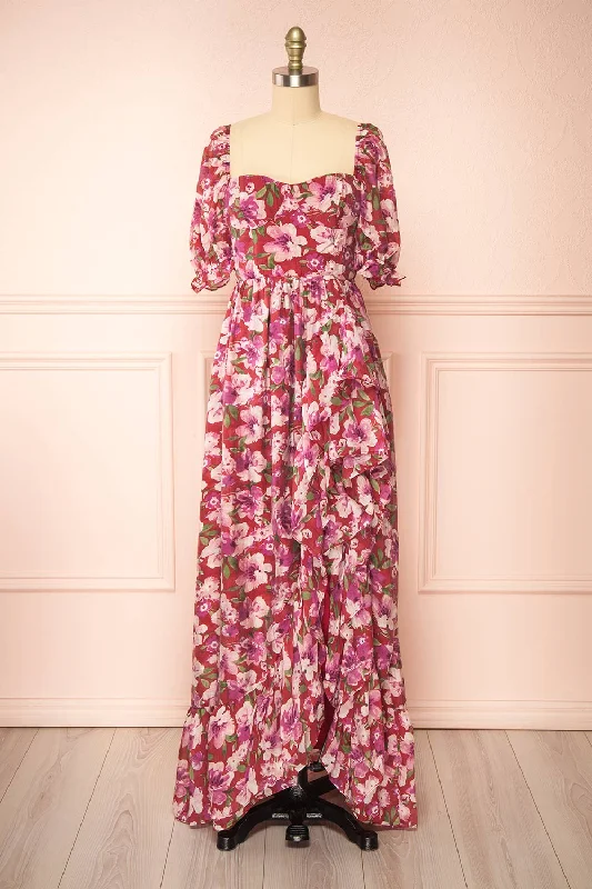 Nardai | Burgundy Empire Waist Floral Maxi Dress Fashionable High-Waist Maxi Dress