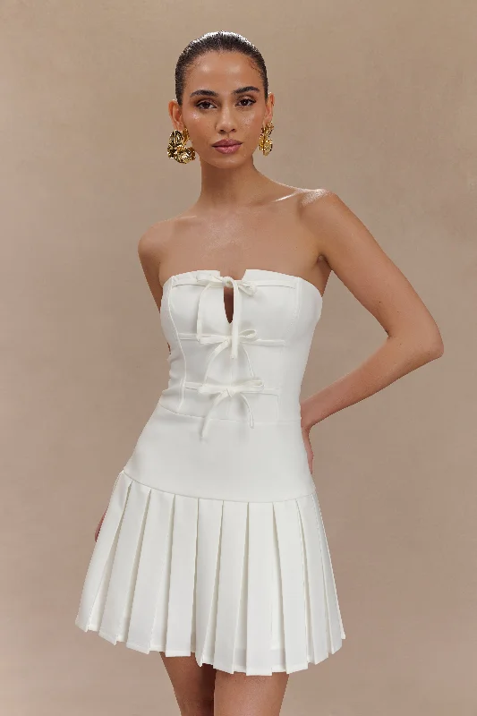 Naya Pleated Mini Dress With Ties - White Fashionable A-Line Mini Dress
