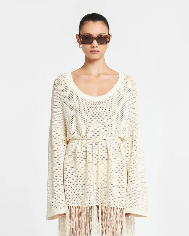 Carianne - Fringed Crochet Mini Dress - Creme Comfortable Linen Mini Dress