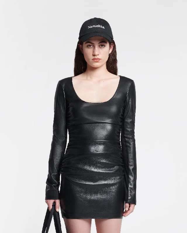 Sosha - Ruched Okobor™ Alt-Leather Mini Dress - Black Fashionable Mini Dress with Pockets