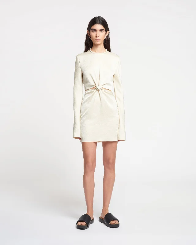 Tazia - Cut-Out Crisp Satin Mini Dress - Creme Fashionable Mini Dress with Slits