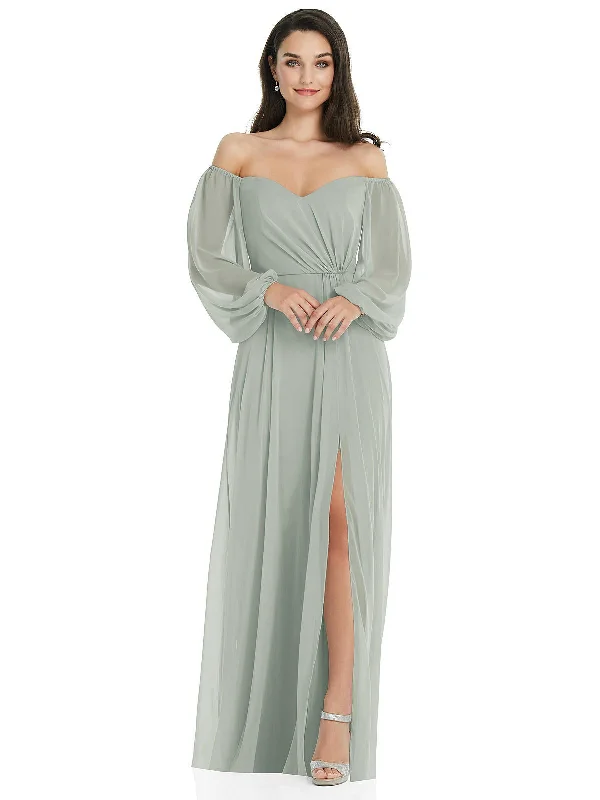 Off-the-Shoulder Puff Sleeve Maxi Dress with Front Slit Cozy Ruffle Sleeve Maxi Dress