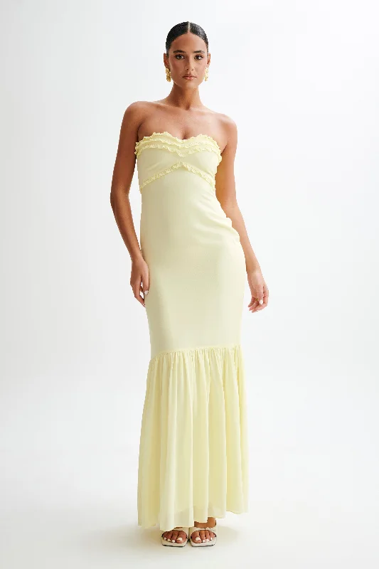 Olivette Strapless Chiffon Maxi Dress - Lemon Sherbet Elegant Maxi Dress with Pockets