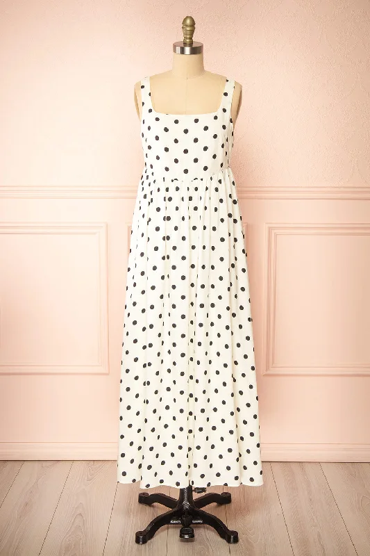 Onomati | White Maxi Dress w/ Black Polka Dots Cozy Wrap Maxi Dress