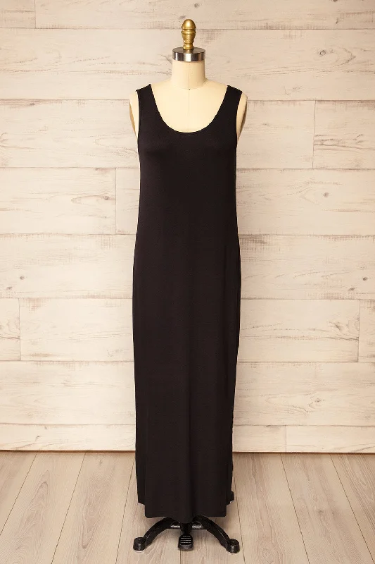 Oswin Black | Straight Cut Jersey Maxi Dress Stylish Button-Up Maxi Dress