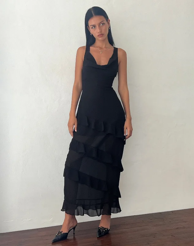 Otna Ruffle Detail Chiffon Maxi Dress in Black Cozy Knit Maxi Dress