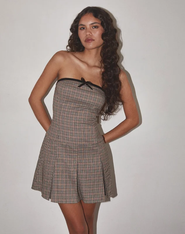 Panola Mini Dress in Micro Check Brown Casual High-Waist Mini Dress