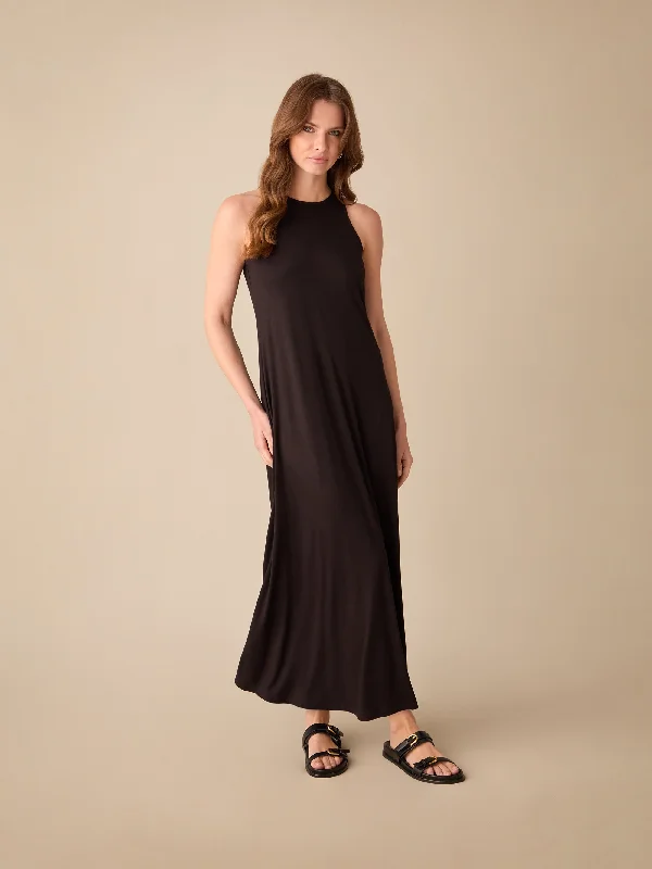 Petite Black Jersey Racer Maxi Dress Trendy A-Line Maxi Dress