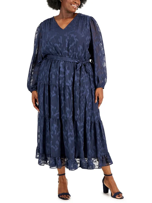 Plus Womens Chiffon Burnout Maxi Dress Casual Maxi Dress with Pockets