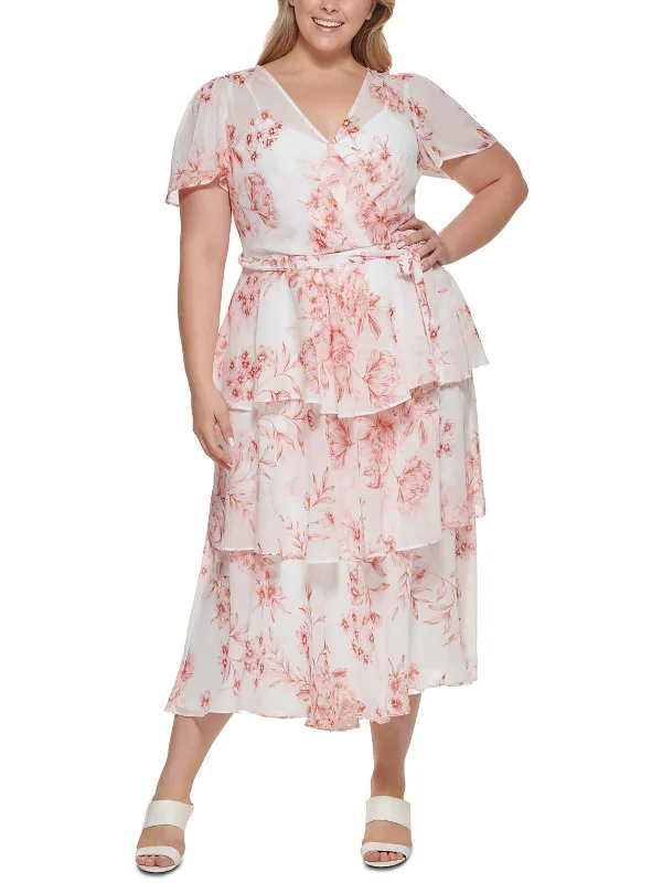 Plus Womens Floral Print Tiered Maxi Dress Comfortable Cotton Maxi Dress