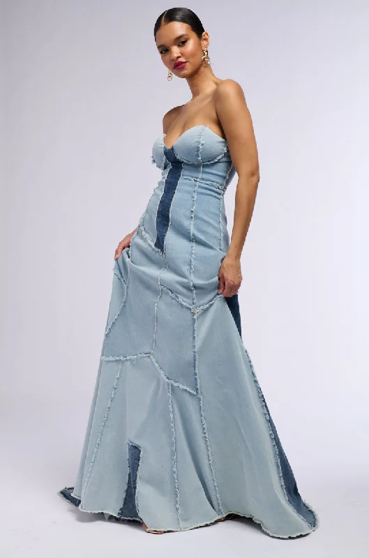 IT'S BRITNEY PATCHWORK DENIM MAXI DRESS Elegant Pleated Maxi Dress