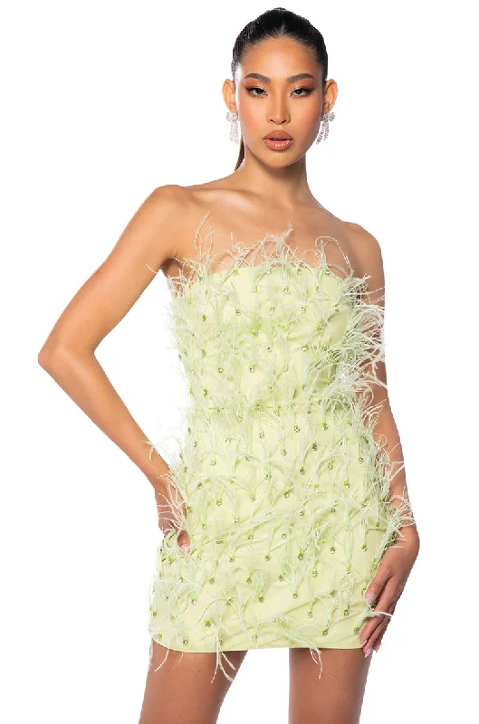 PRIMROSE STRAPLESS FEATHER MINI DRESS Comfortable Zip-Up Mini Dress