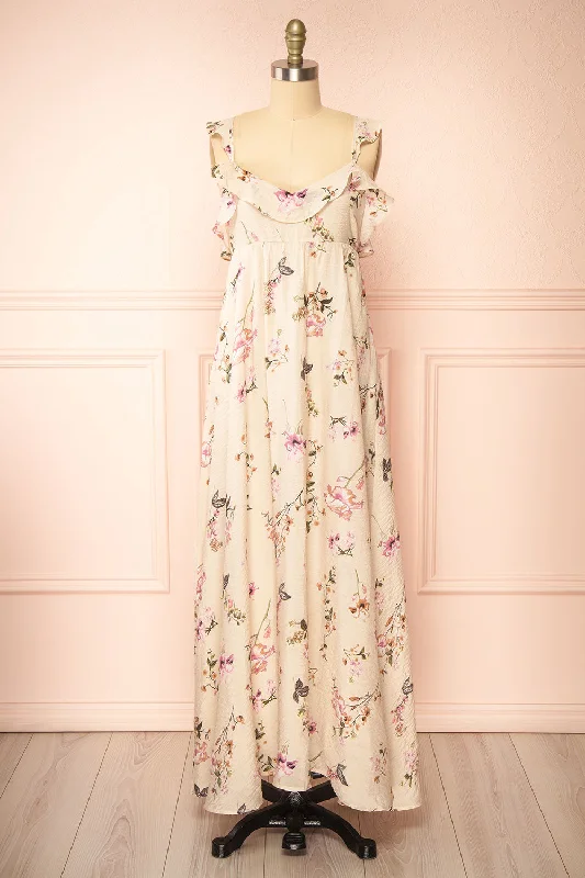 Queenie Beige | Floral Maxi Dress w/ Ruffled Straps Fashionable Asymmetrical Maxi Dress