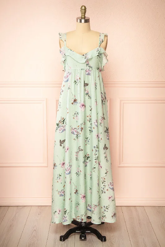 Queenie Green | Floral Maxi Dress w/ Ruffled Straps Cozy Cold-Shoulder Maxi Dress