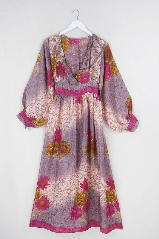 Rosemary Maxi Dress - Vintage Indian Sari - Dusky Flower Ombre - Size XS/S Elegant Tiered Maxi Dress