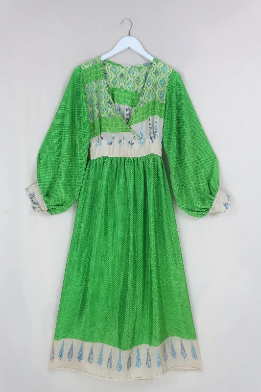 Rosemary Maxi Dress - Vintage Indian Sari - Lime Green & Pampas Grass - Size XS/S Stylish Maxi Dress with Pleats