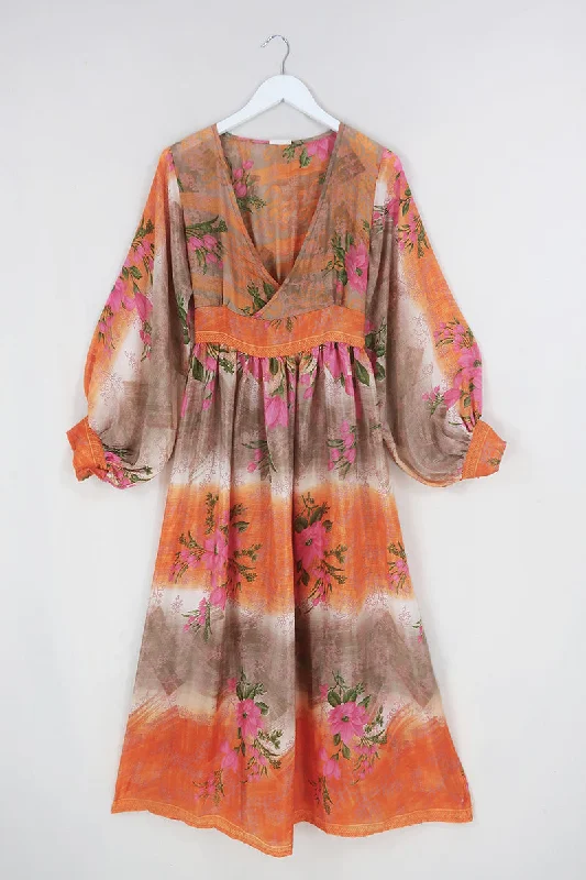 Rosemary Maxi Dress - Vintage Indian Sari - Soft Sunset Flowers - Size XS/S Comfortable Maxi Dress with Slits