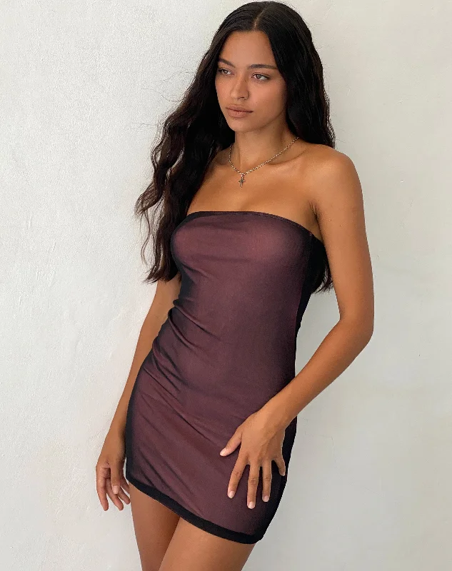 Rowena Bandeau Mesh Mini Dress in Black with Pink Lining Trendy Mini Dress with Belt
