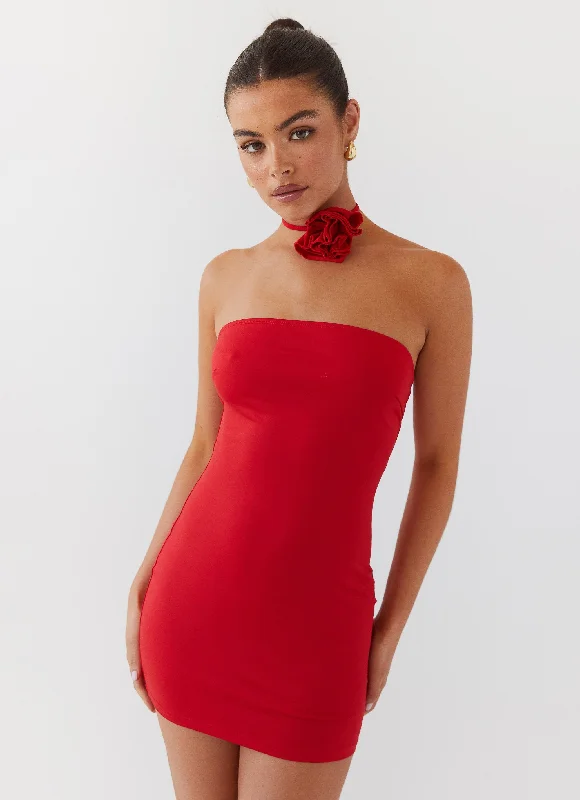 Ruby Glamour Rose Mini Dress - Rouge Red Fashionable Mini Dress with Frills
